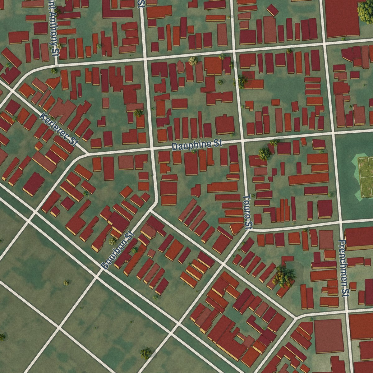 Second close-up of the map of Marigny, Louisiana print showing more streets and buildings