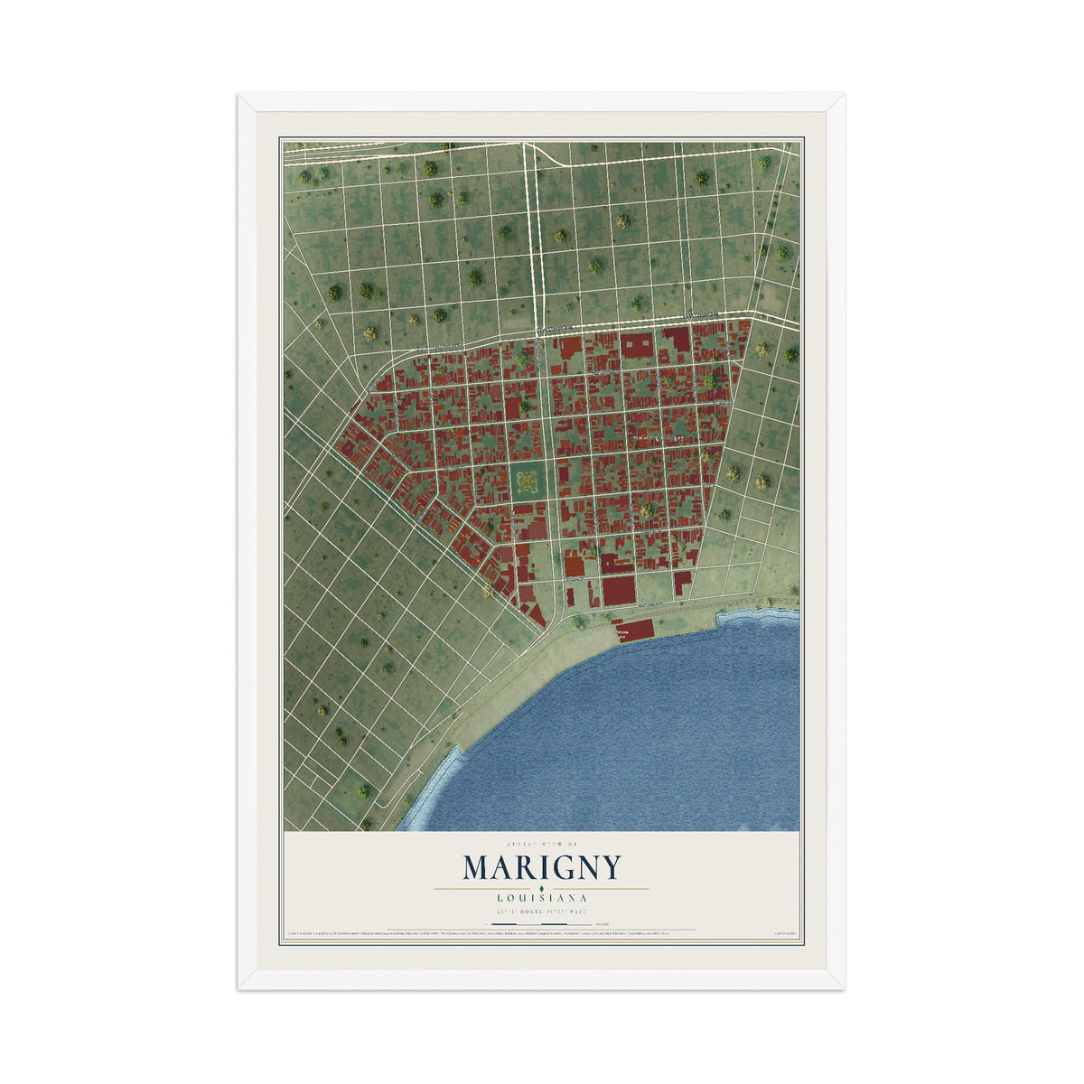 Map of Marigny, Louisiana, 12 x 18 inch print in a white wood frame
