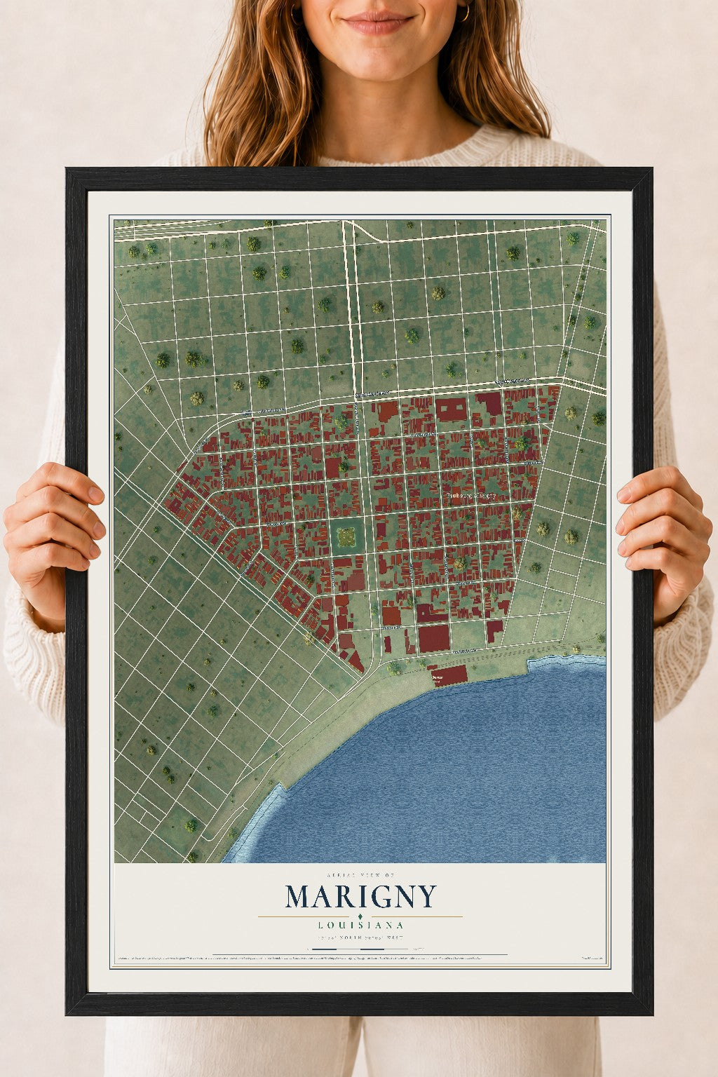 Map of Marigny, Louisiana, 18 x 24 inch print in a black wood frame