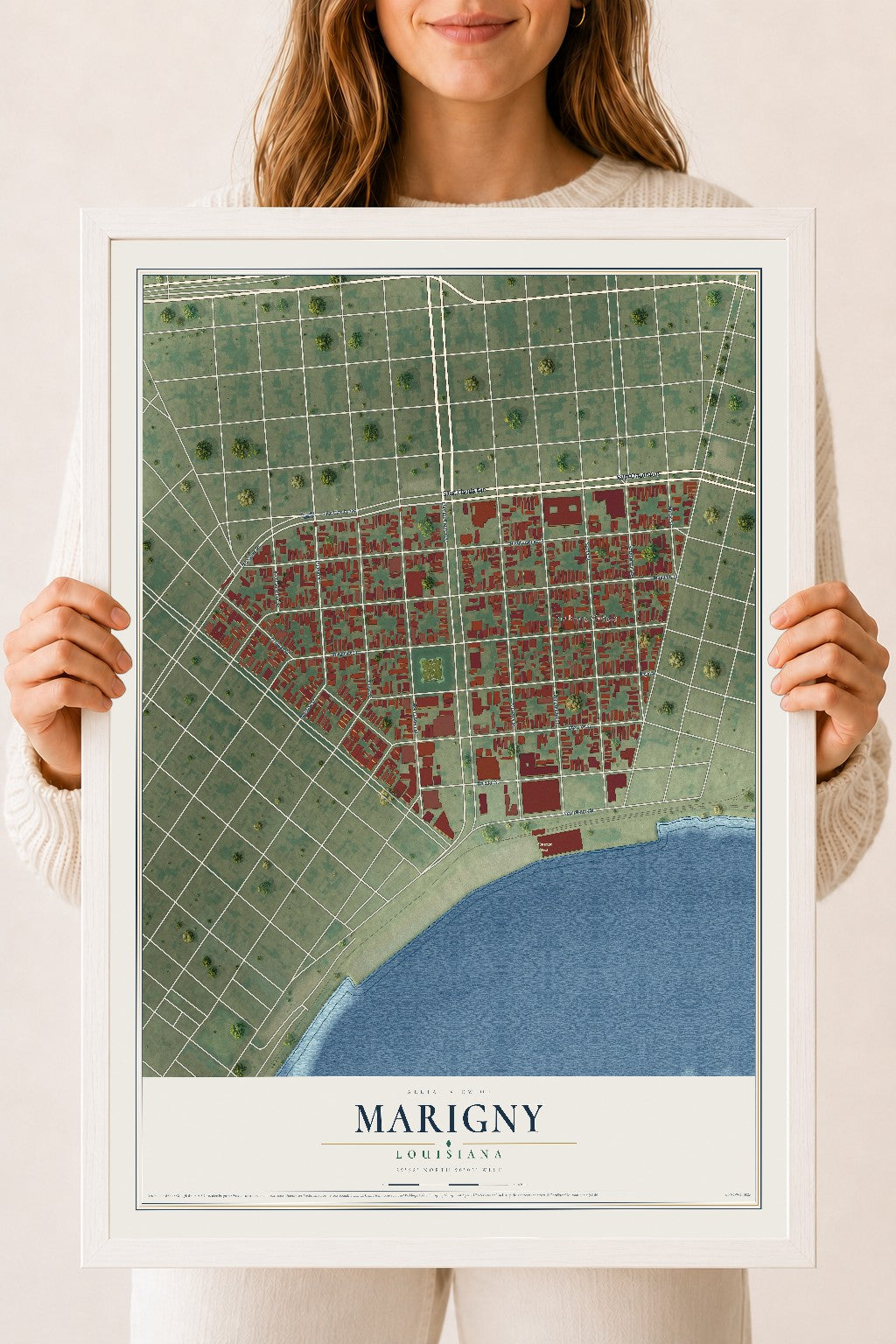 Map of Marigny, Louisiana, 18 x 24 inch print in a white wood frame