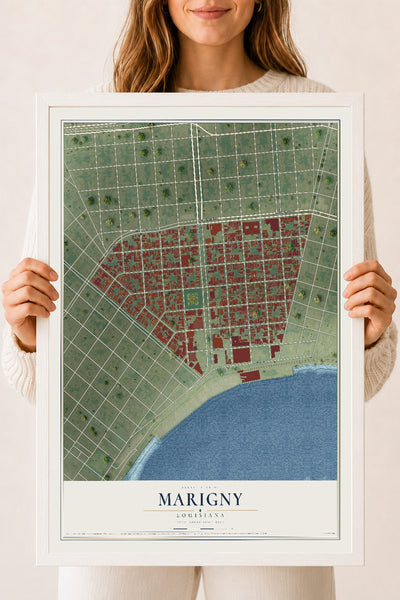 Map of Marigny, Louisiana, 18 x 24 inch print in a white wood frame