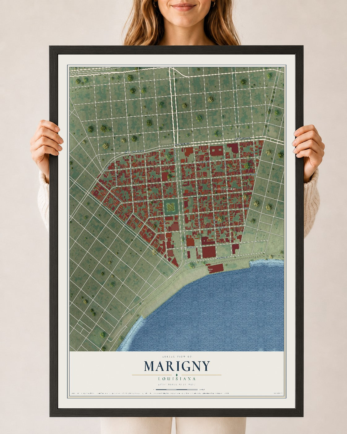 Map of Marigny, Louisiana, 24 x 36 inch print in a black wood frame