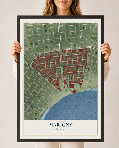 Map of Marigny, Louisiana, 24 x 36 inch print in a black wood frame
