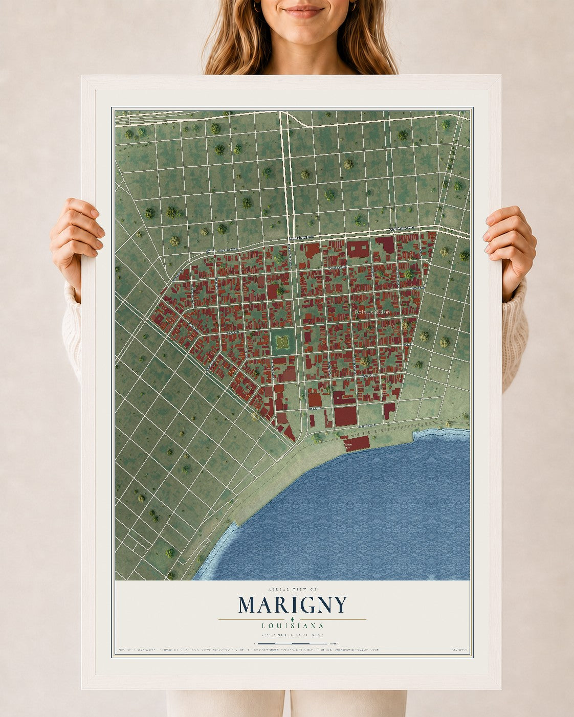 Map of Marigny, Louisiana, 24 x 36 inch print in a white wood frame