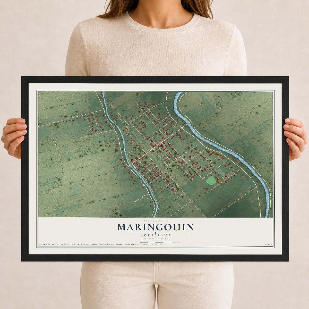 Map of Maringouin, Louisiana, 12 x 18 inch print in a black wood frame