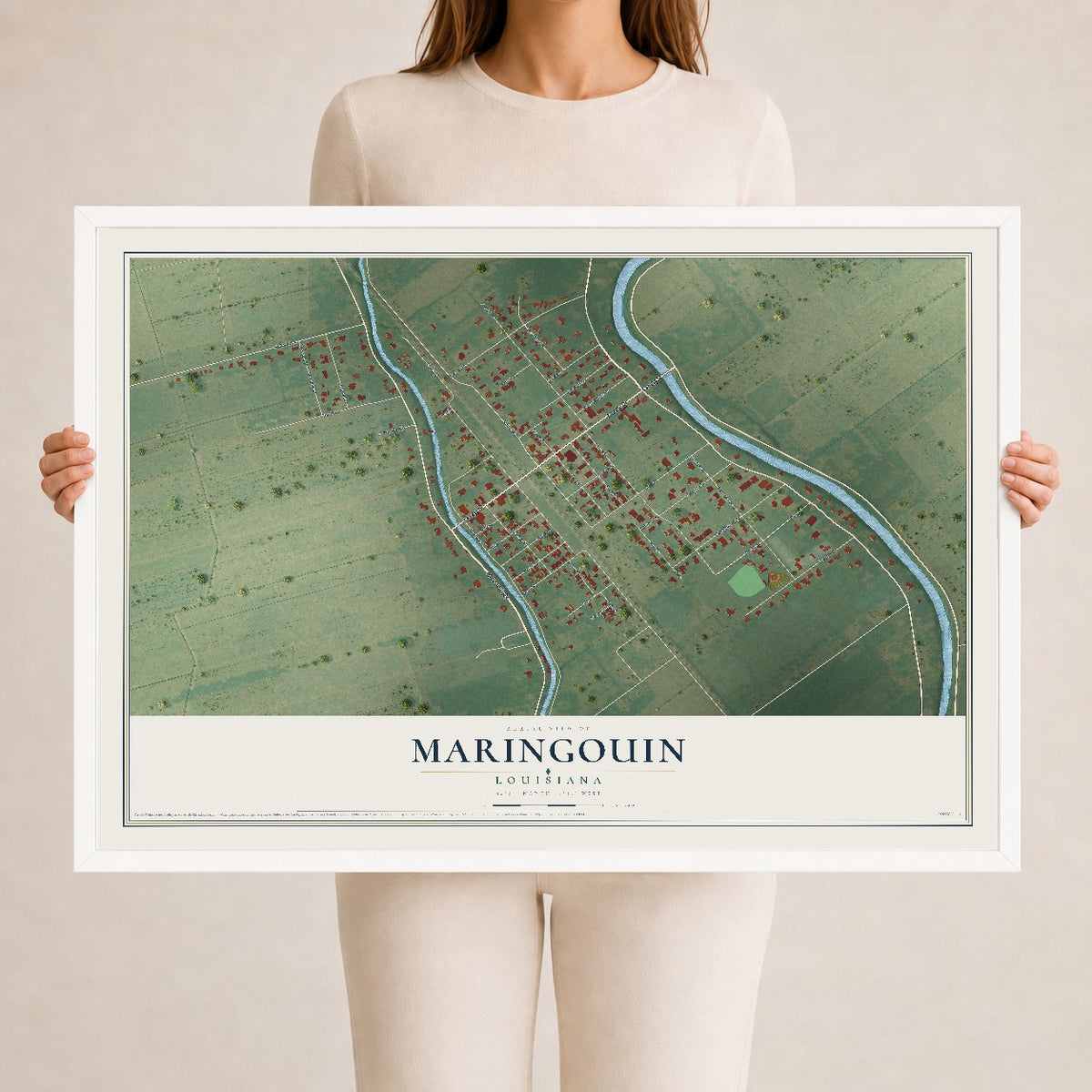 Map of Maringouin, Louisiana, 24 x 36 inch print in a white wood frame