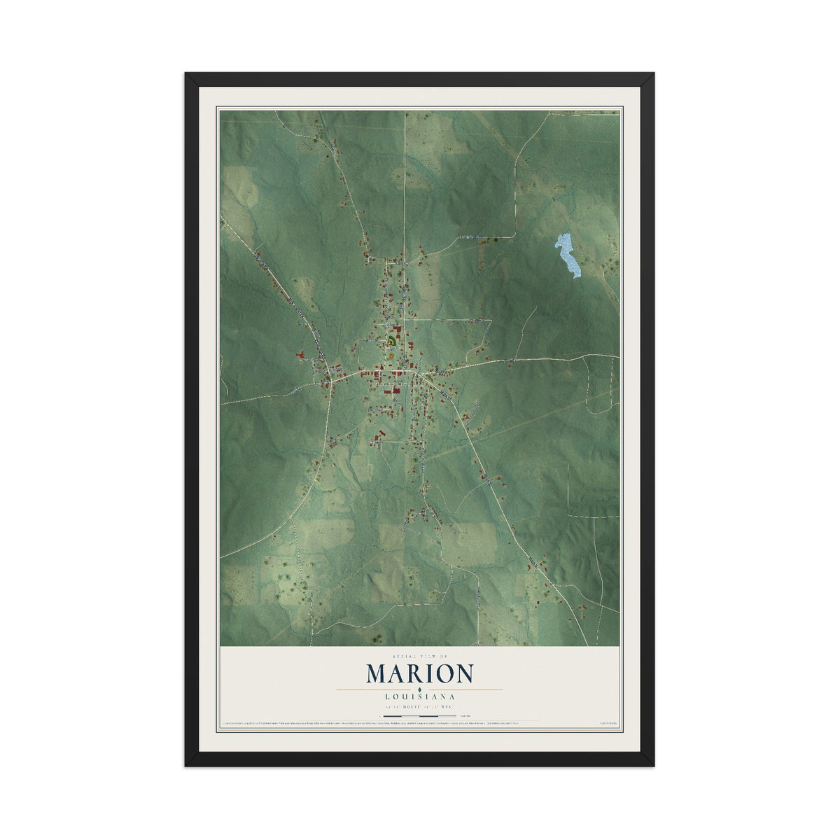 Map of Marion, Louisiana, 12 x 18 inch print in a black wood frame