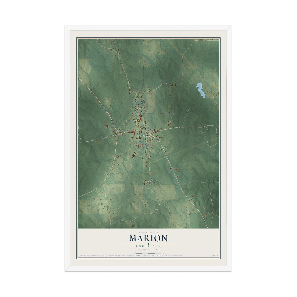 Map of Marion, Louisiana, 12 x 18 inch print in a white wood frame