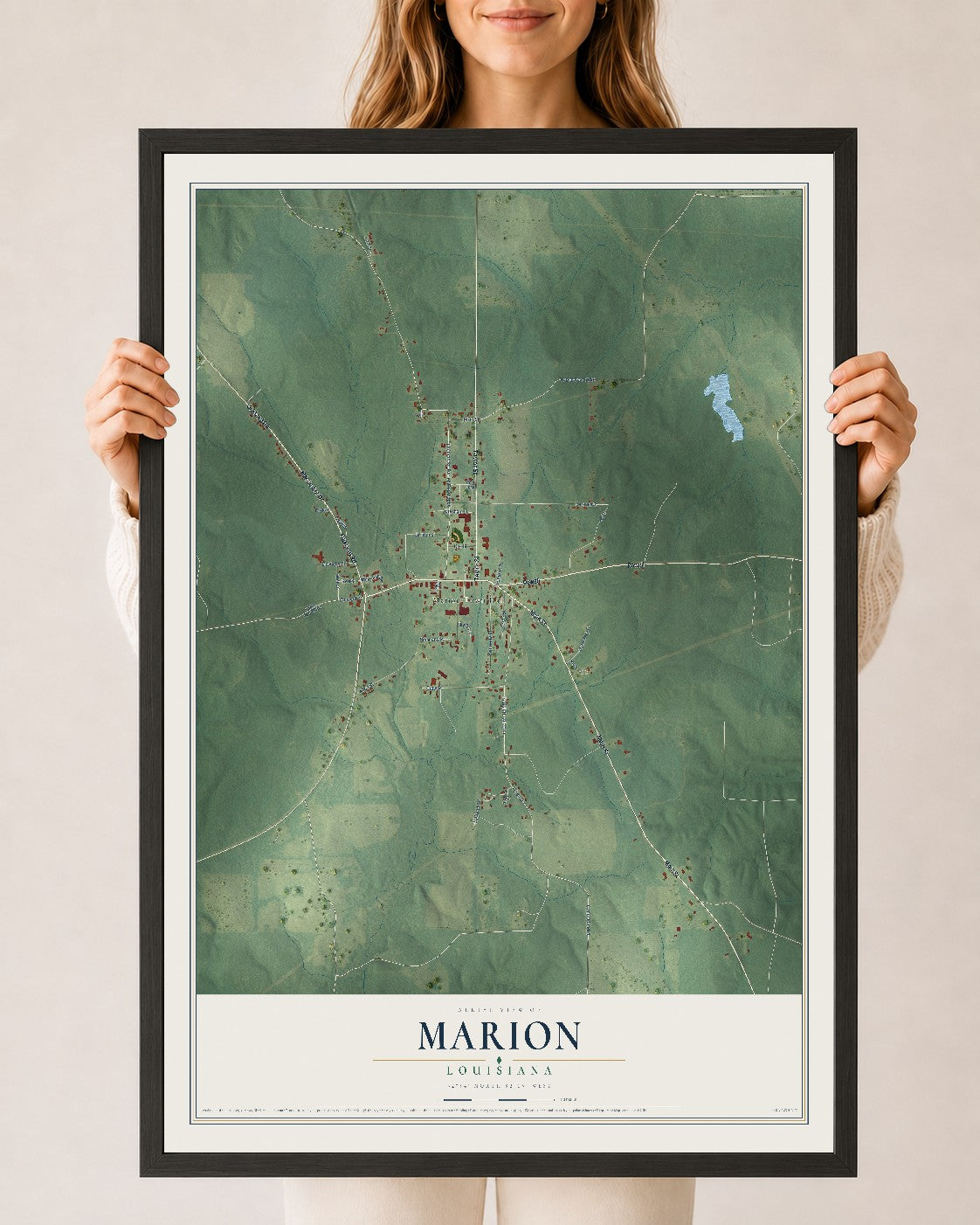 Map of Marion, Louisiana, 24 x 36 inch print in a black wood frame