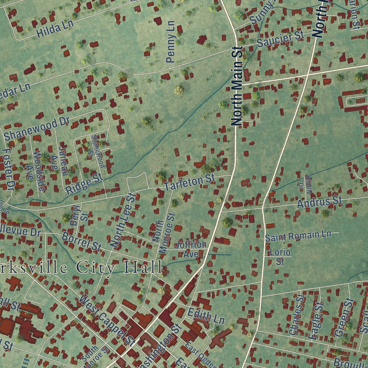 Close-up of the map of Marksville, Louisiana print showing street and building detail