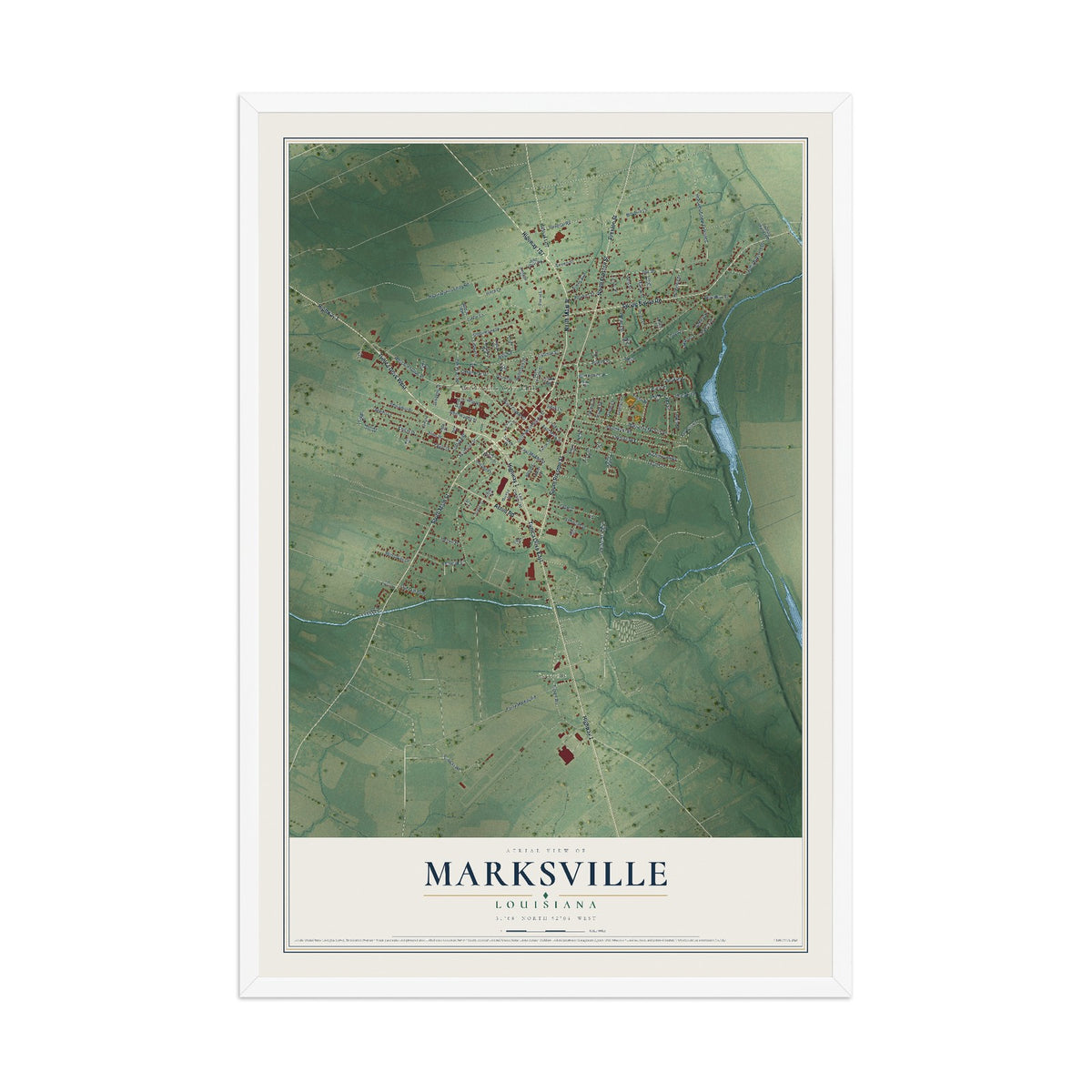 Map of Marksville, Louisiana, 12 x 18 inch print in a white wood frame