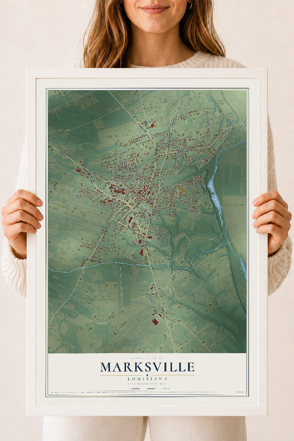 Map of Marksville, Louisiana, 18 x 24 inch print in a white wood frame