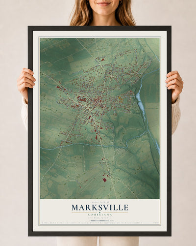 Map of Marksville, Louisiana, 24 x 36 inch print in a black wood frame