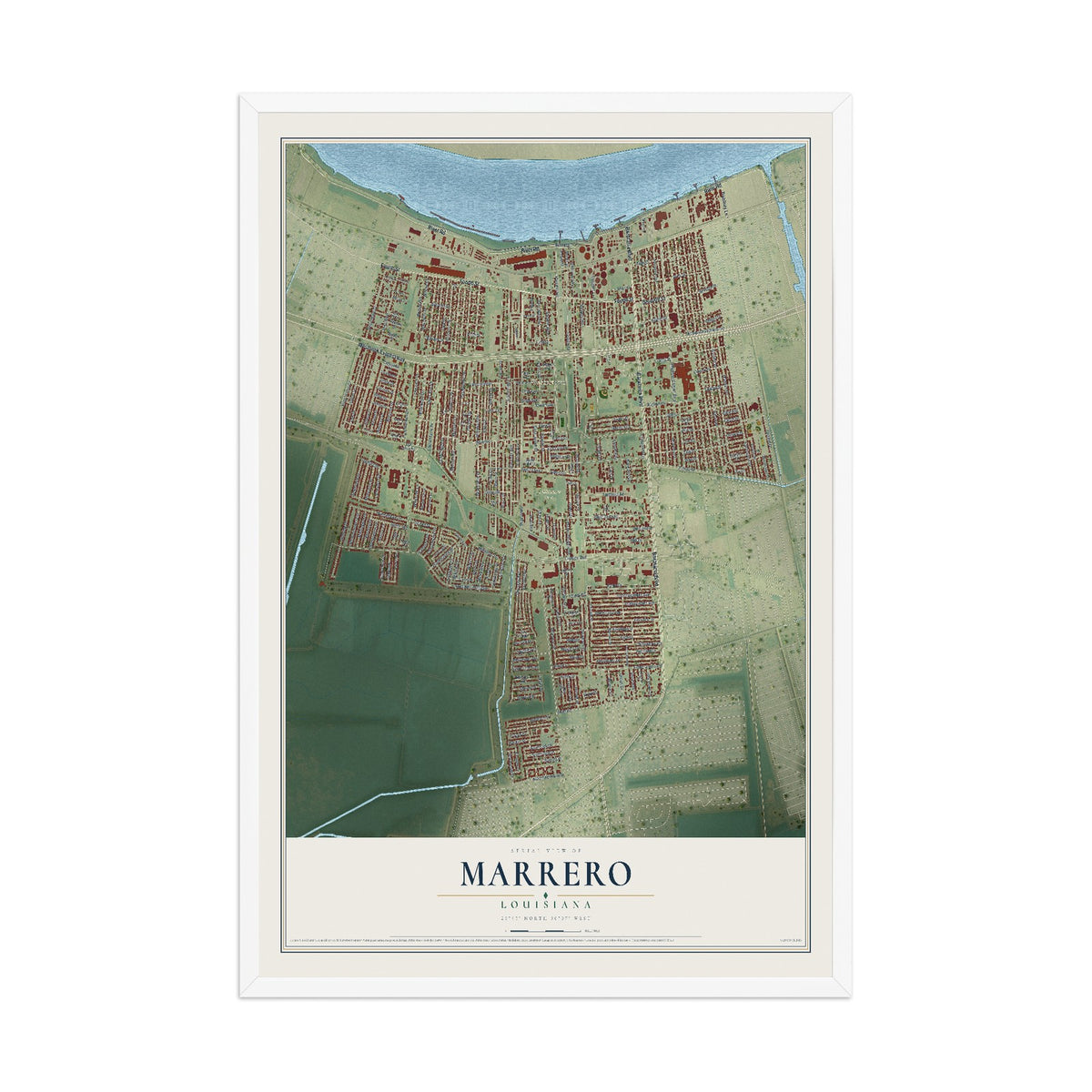 Map of Marrero, Louisiana, 12 x 18 inch print in a white wood frame