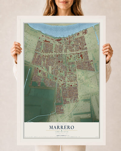 Map of Marrero, Louisiana, 24 x 36 inch print in a white wood frame