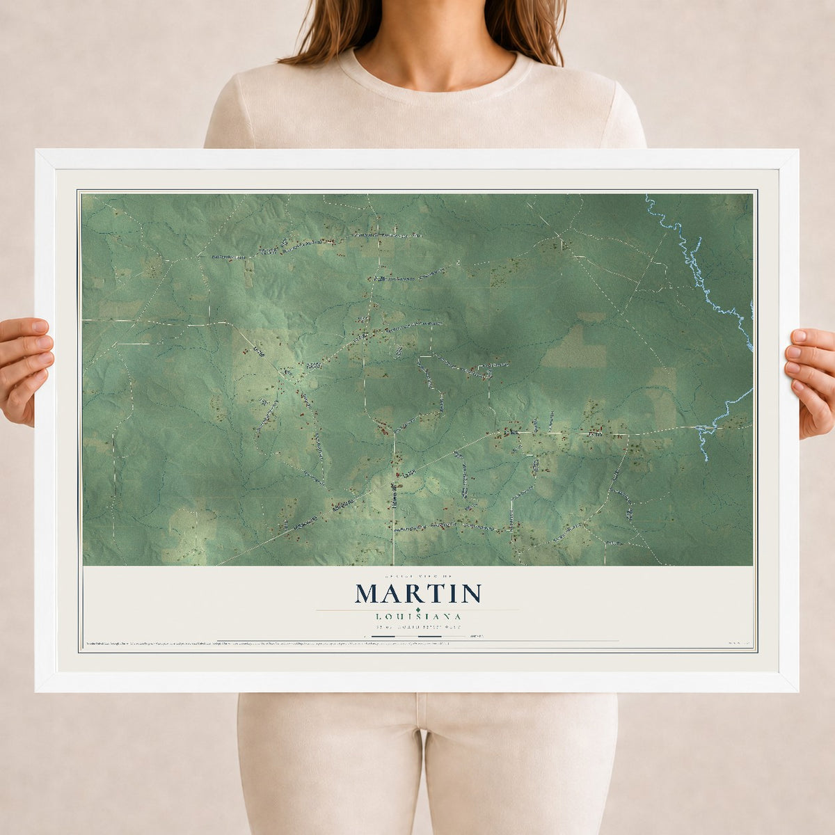 Map of Martin, Louisiana, 18 x 24 inch print in a white wood frame