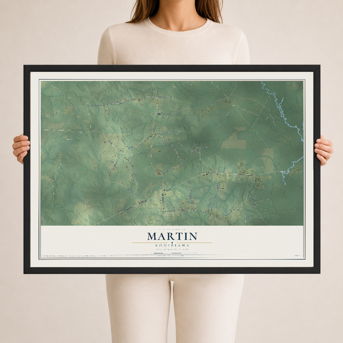Map of Martin, Louisiana, 24 x 36 inch print in a black wood frame