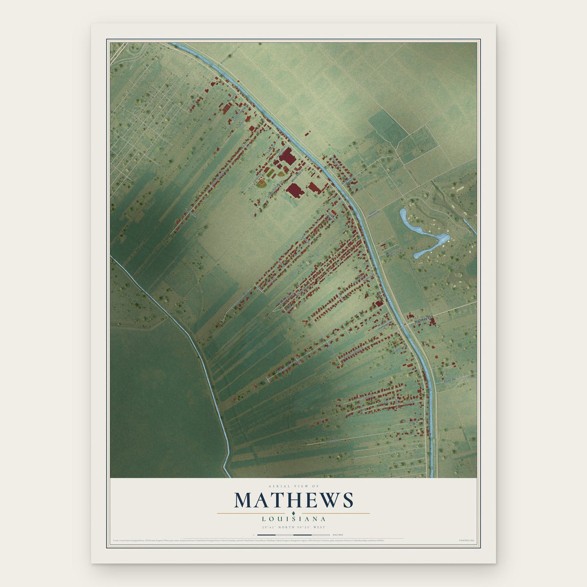Mathews, Louisiana map print, the full design