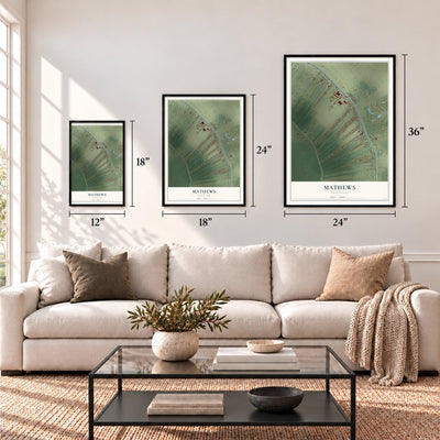 Mathews, Louisiana map in 12 x 18, 18 x 24 and 24 x 36 inch sizes above a sofa