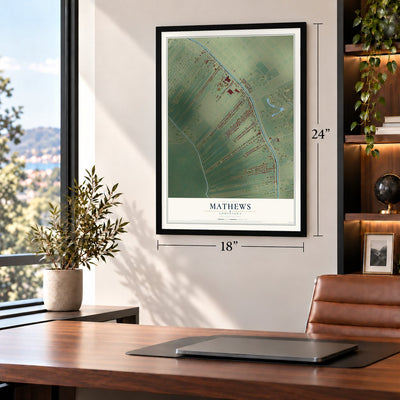 Mathews, Louisiana map, 18 x 24 inch print in a black frame in a home office