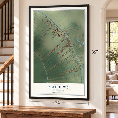 Mathews, Louisiana map, 24 x 36 inch print in a black frame by a staircase