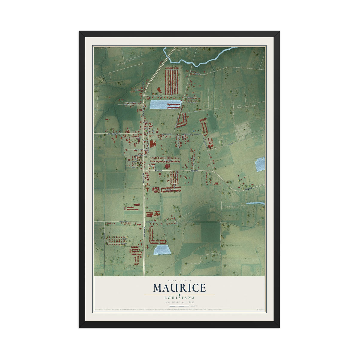 Map of Maurice, Louisiana, 12 x 18 inch print in a black wood frame