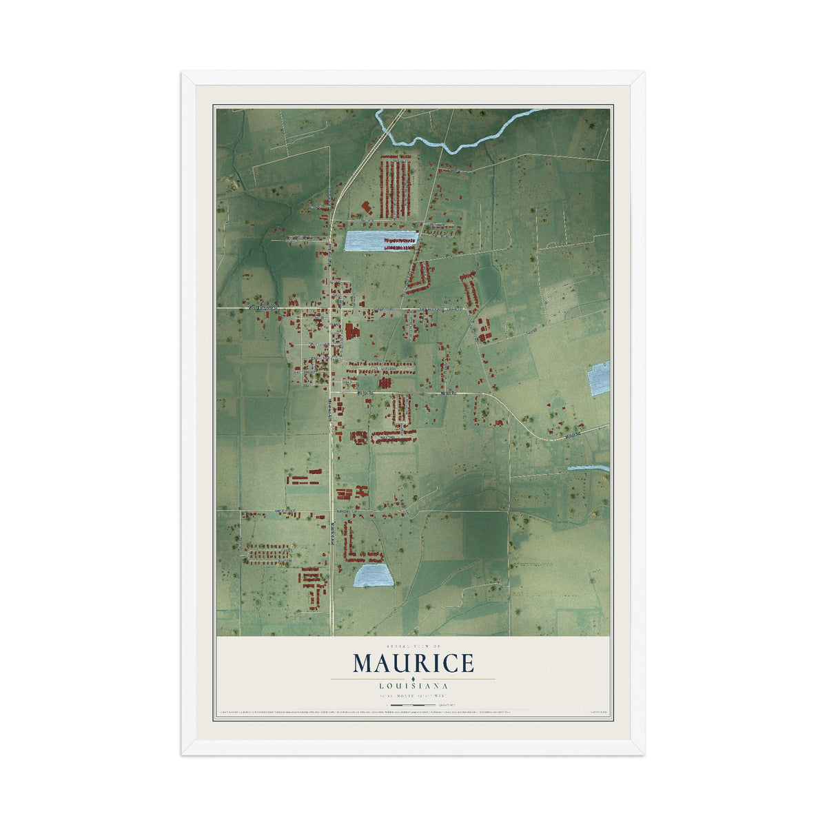 Map of Maurice, Louisiana, 12 x 18 inch print in a white wood frame