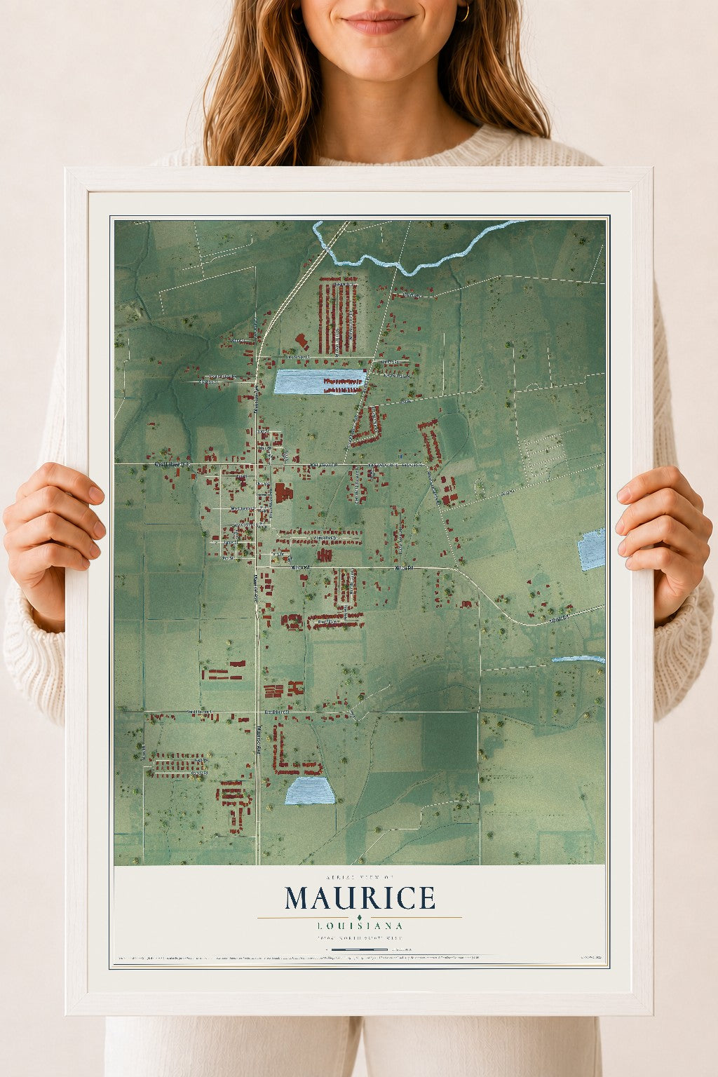 Map of Maurice, Louisiana, 18 x 24 inch print in a white wood frame