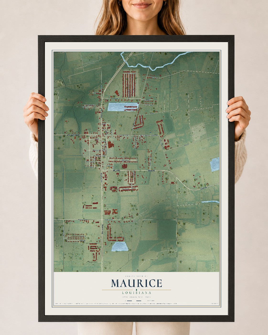 Map of Maurice, Louisiana, 24 x 36 inch print in a black wood frame