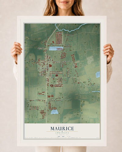 Map of Maurice, Louisiana, 24 x 36 inch print in a white wood frame