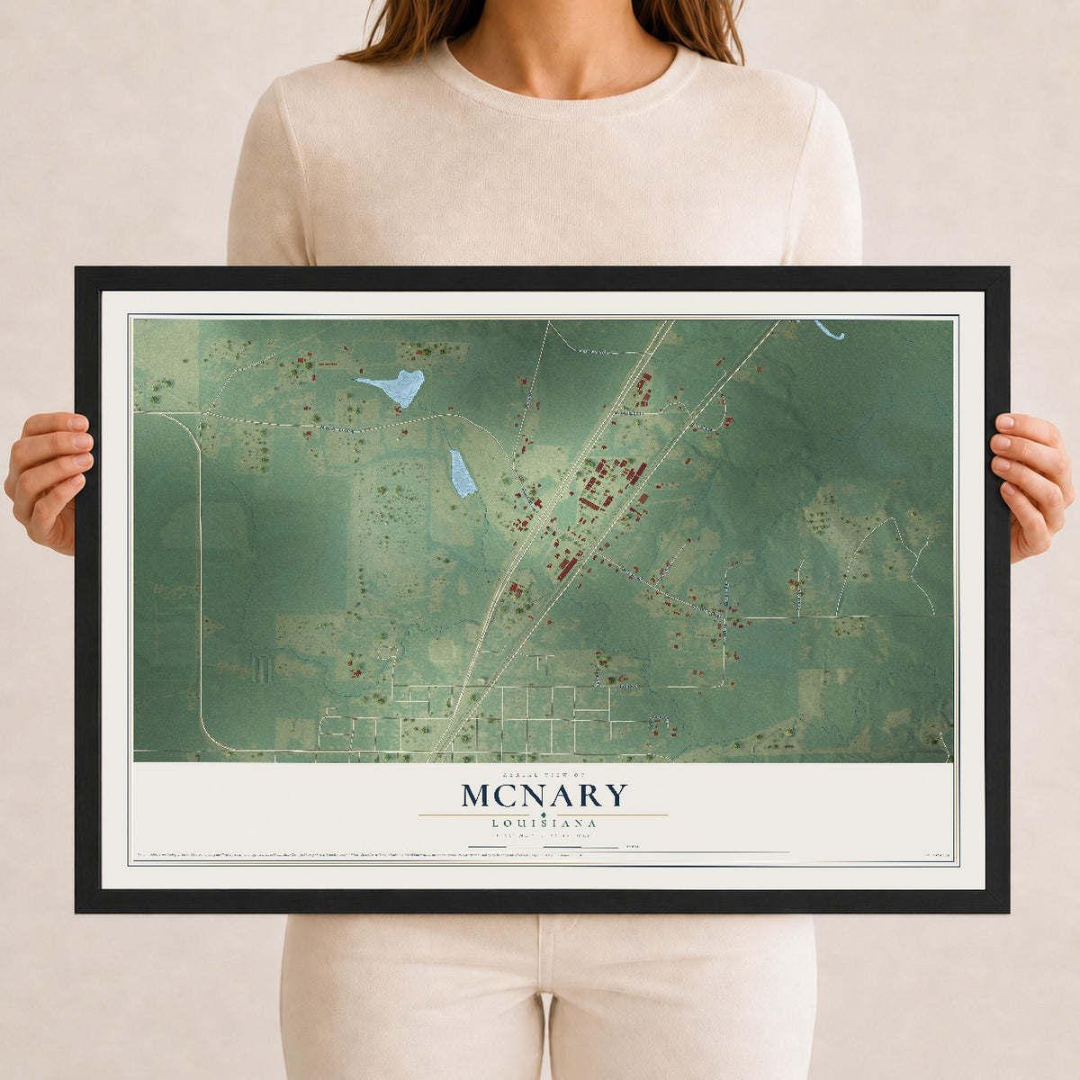 Map of McNary, Louisiana, 12 x 18 inch print in a black wood frame