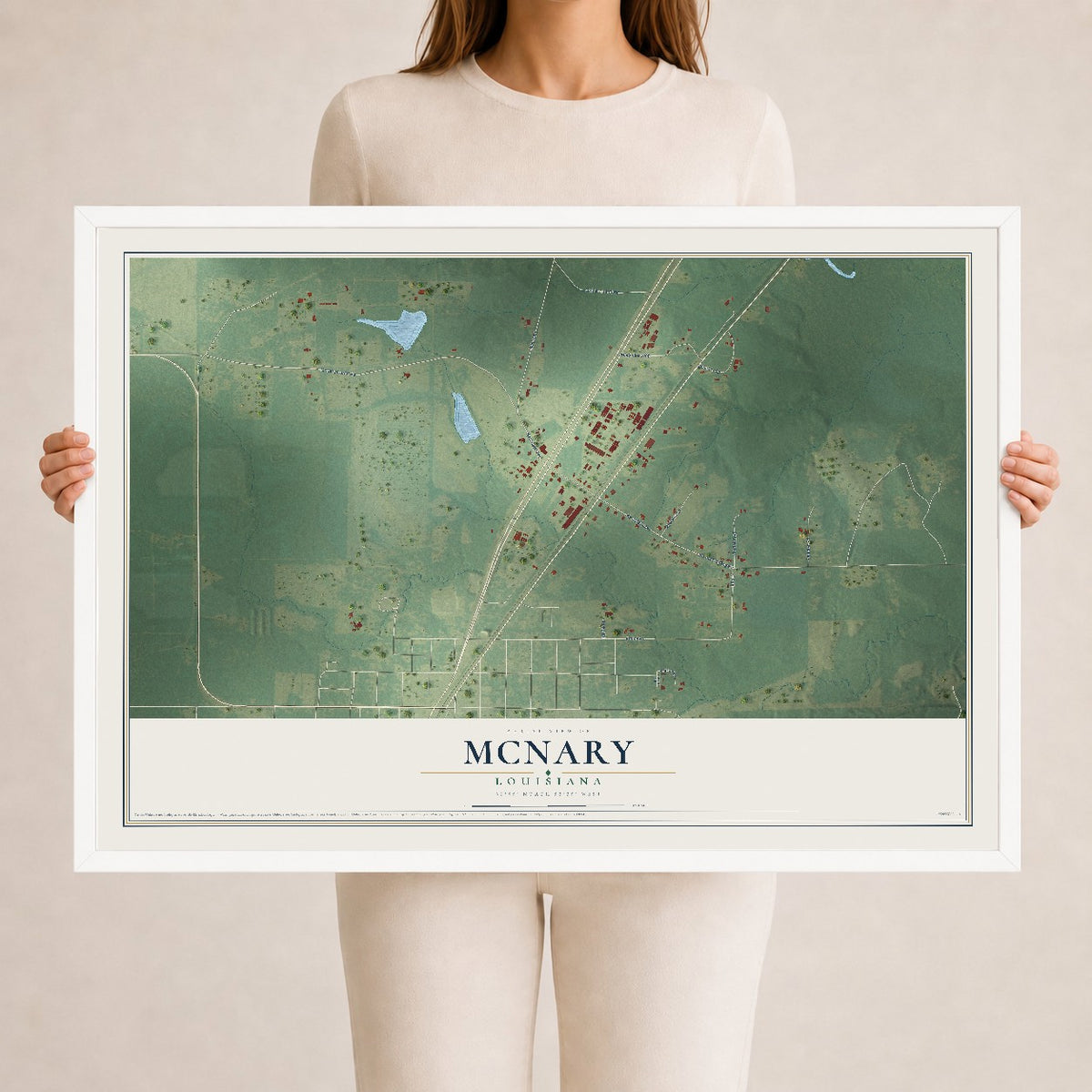 Map of McNary, Louisiana, 24 x 36 inch print in a white wood frame
