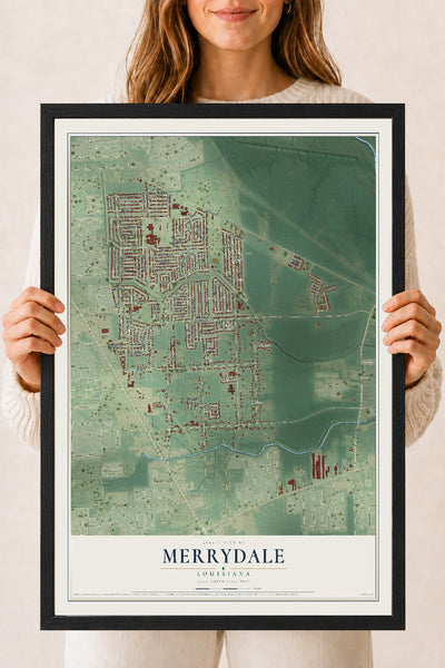 Map of Merrydale, Louisiana, 18 x 24 inch print in a black wood frame