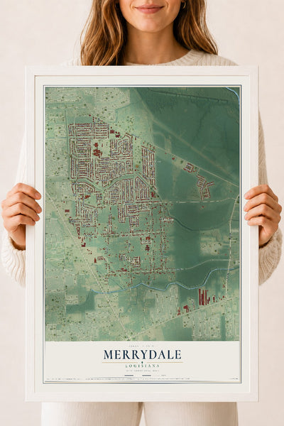 Map of Merrydale, Louisiana, 18 x 24 inch print in a white wood frame
