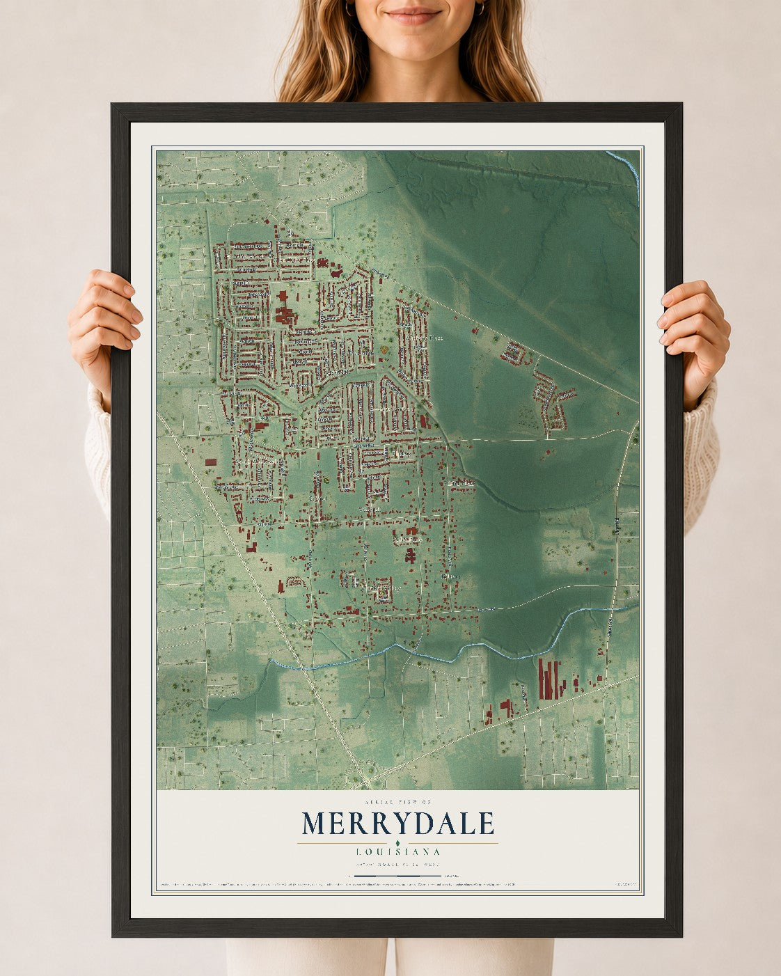 Map of Merrydale, Louisiana, 24 x 36 inch print in a black wood frame