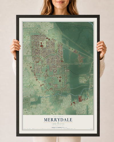 Map of Merrydale, Louisiana, 24 x 36 inch print in a black wood frame
