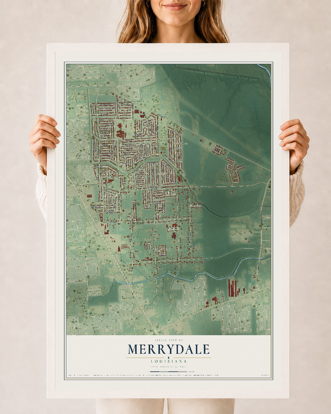 Map of Merrydale, Louisiana, 24 x 36 inch print in a white wood frame