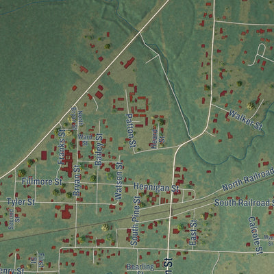 Close-up of the map of Merryville, Louisiana print showing street and building detail
