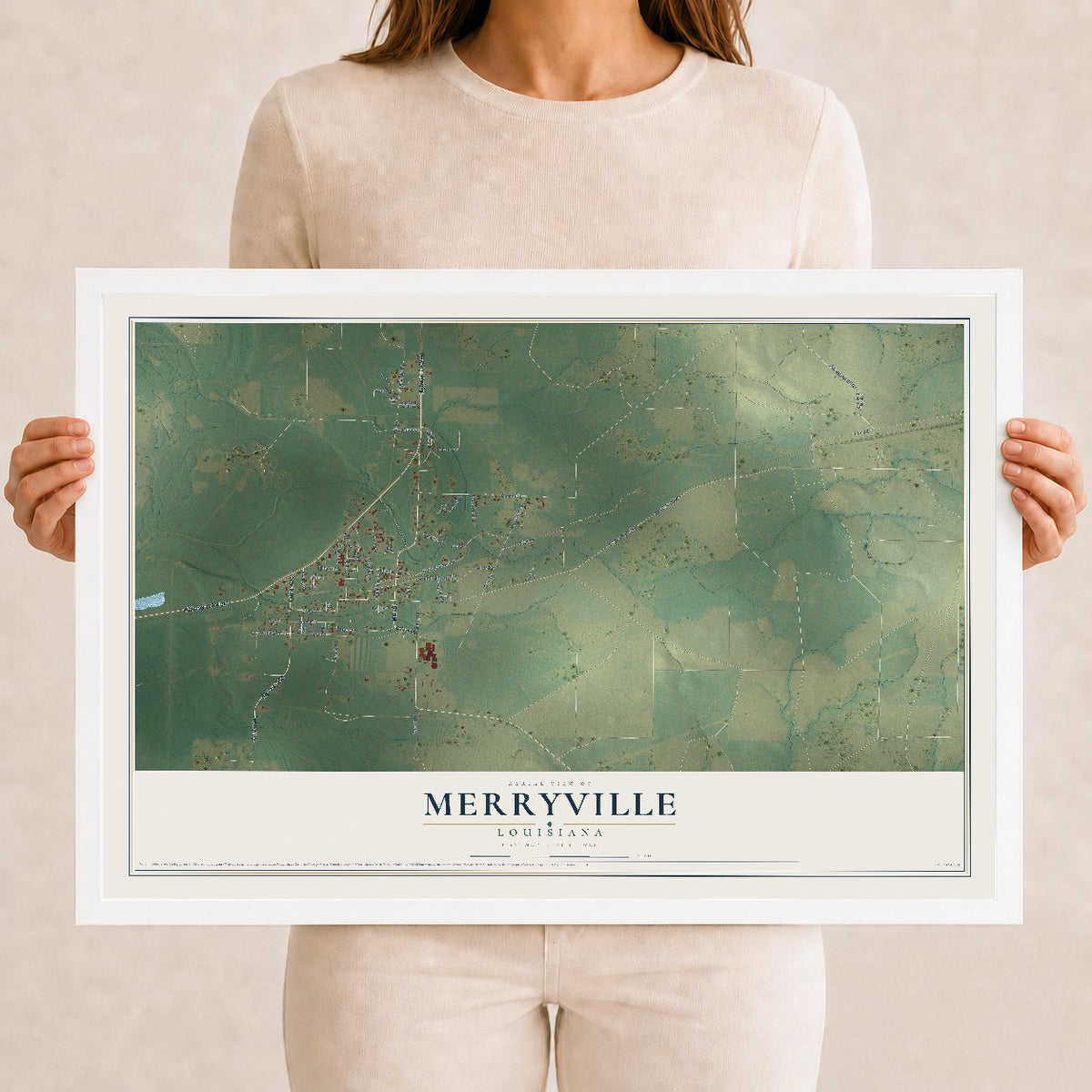 Map of Merryville, Louisiana, 12 x 18 inch print in a white wood frame