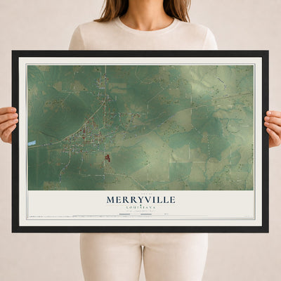 Map of Merryville, Louisiana, 18 x 24 inch print in a black wood frame