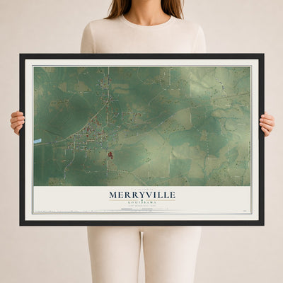 Map of Merryville, Louisiana, 24 x 36 inch print in a black wood frame