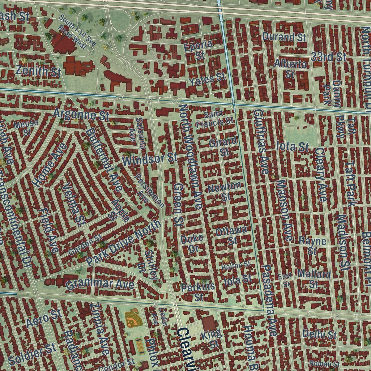 Close-up of the map of Metairie, Louisiana print showing street and building detail