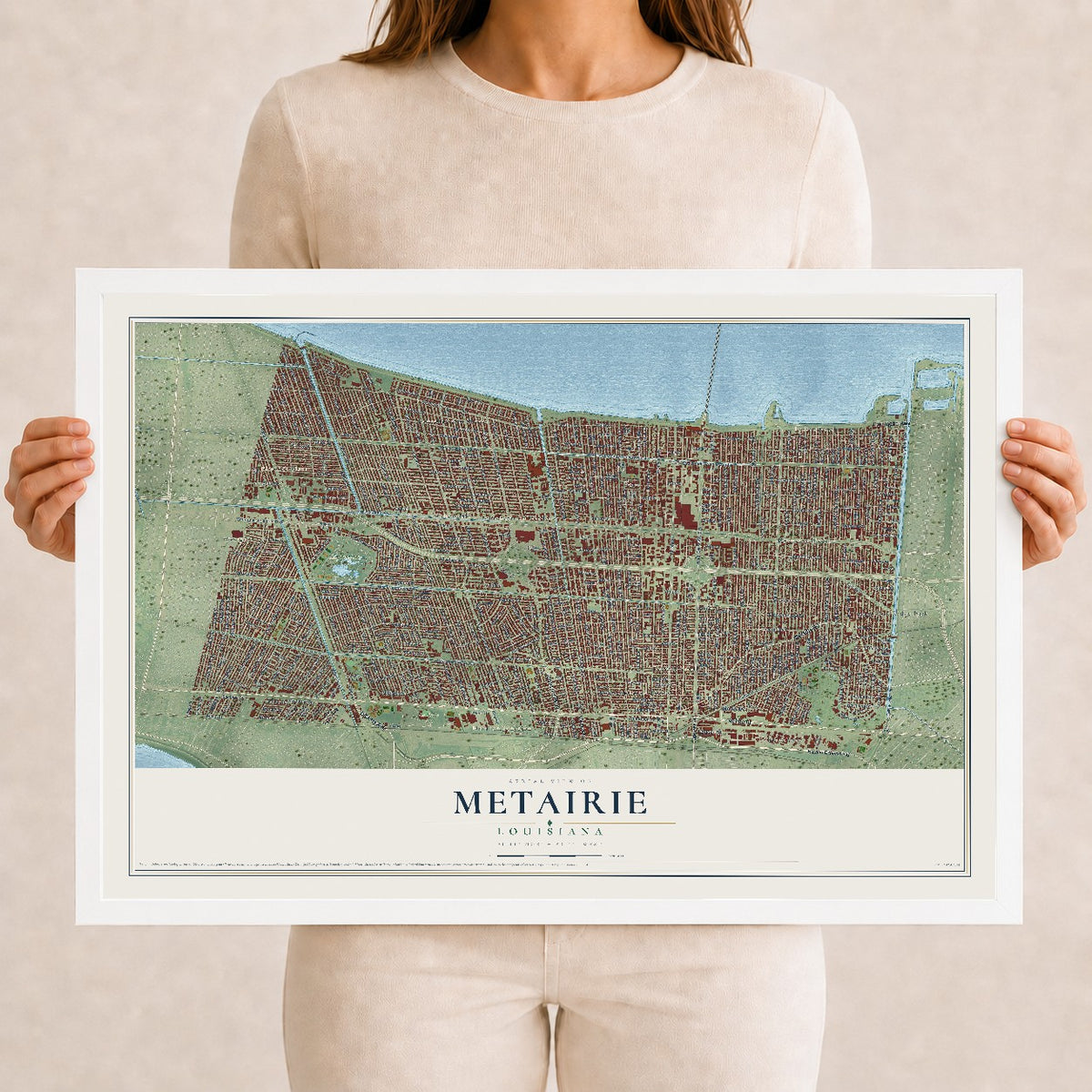 Map of Metairie, Louisiana, 12 x 18 inch print in a white wood frame