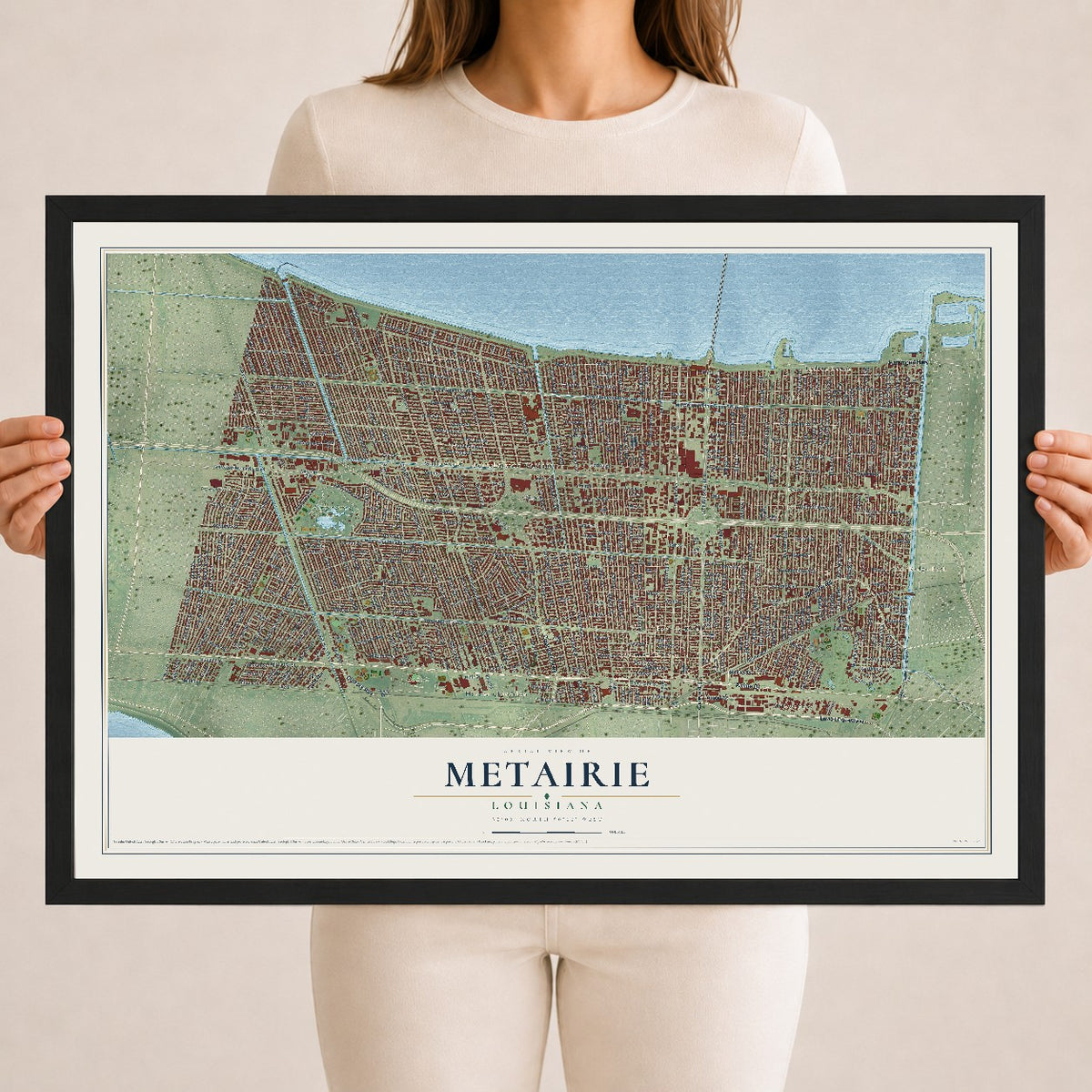 Map of Metairie, Louisiana, 18 x 24 inch print in a black wood frame