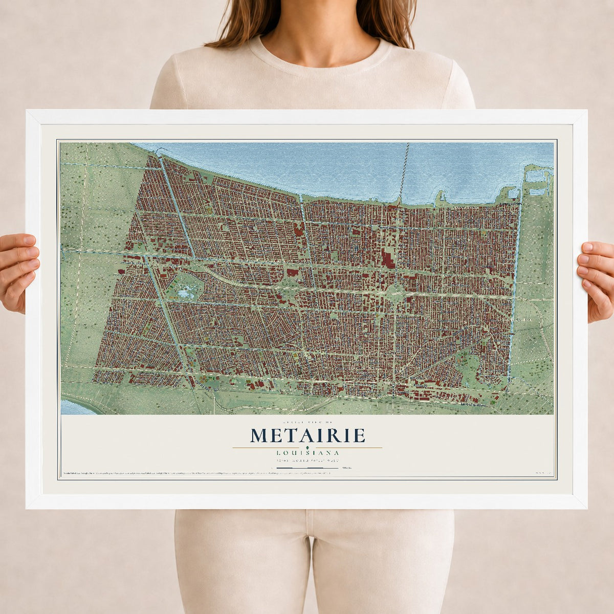 Map of Metairie, Louisiana, 18 x 24 inch print in a white wood frame