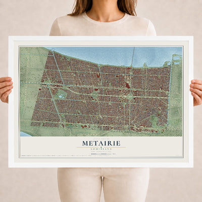 Map of Metairie, Louisiana, 18 x 24 inch print in a white wood frame