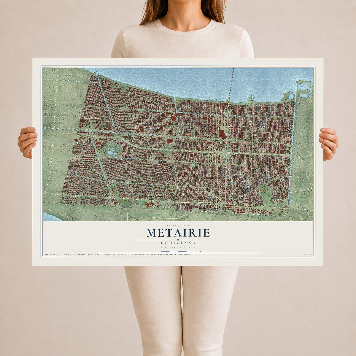 Map of Metairie, Louisiana, 24 x 36 inch unframed archival matte print