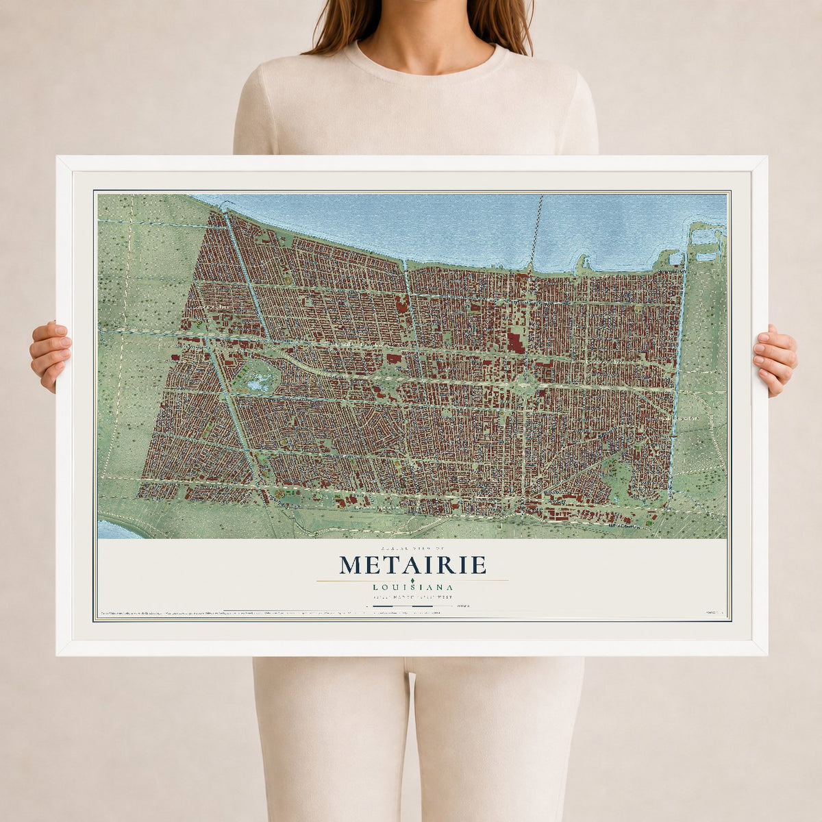 Map of Metairie, Louisiana, 24 x 36 inch print in a white wood frame