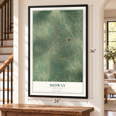 Midway, Louisiana map, 24 x 36 inch print in a black frame by a staircase