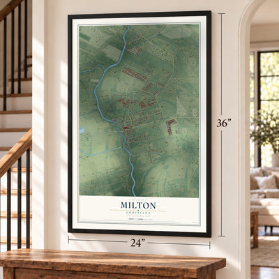 Milton, Louisiana map, 24 x 36 inch print in a black frame by a staircase